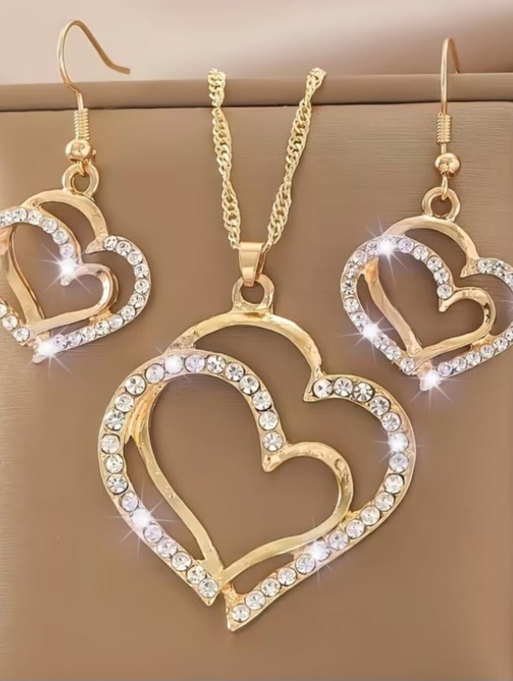 Gold Tone Heart Pendant Necklace and Earrings Set. New